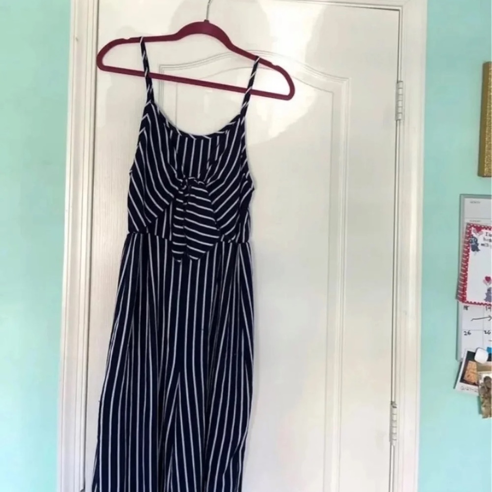 Blue and white striped jumpsuit